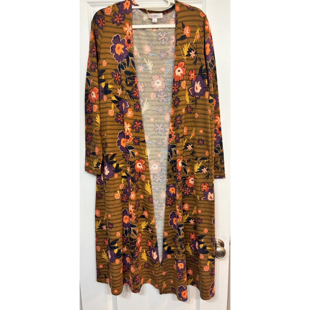 LuLaRoe Sarah Longline Cardigan Duster Floral Stripe Brown Purple Green Large